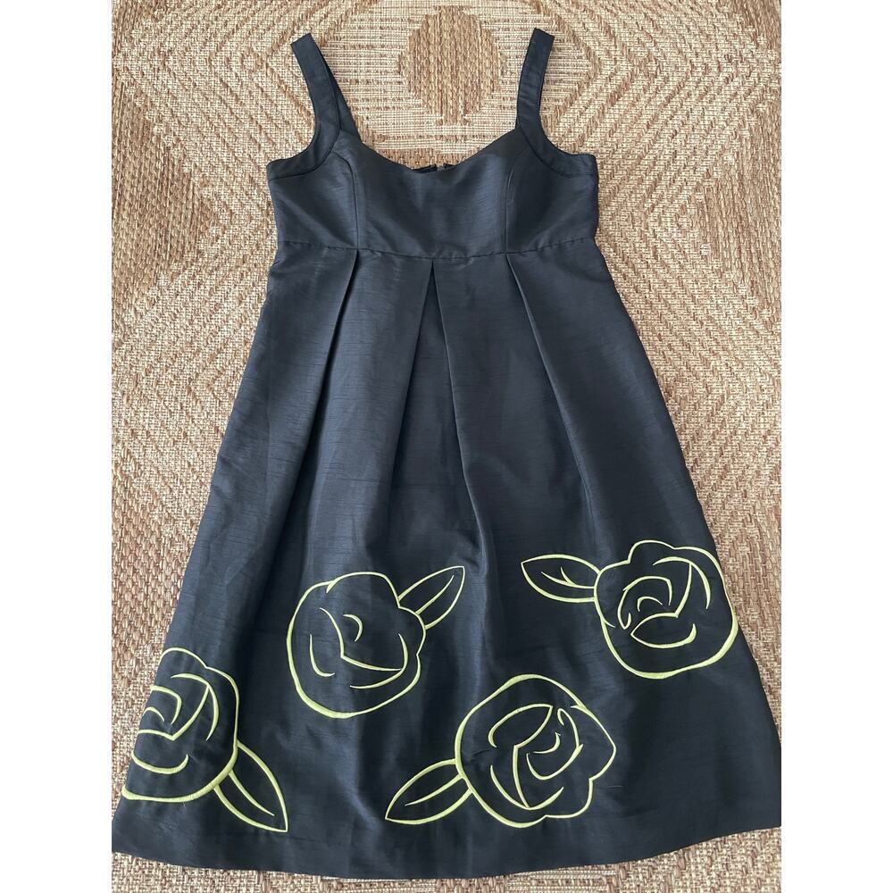 B.Moss Black Strappy Dress with Chartreuse Floral Detail SZ 4 Empire Waist